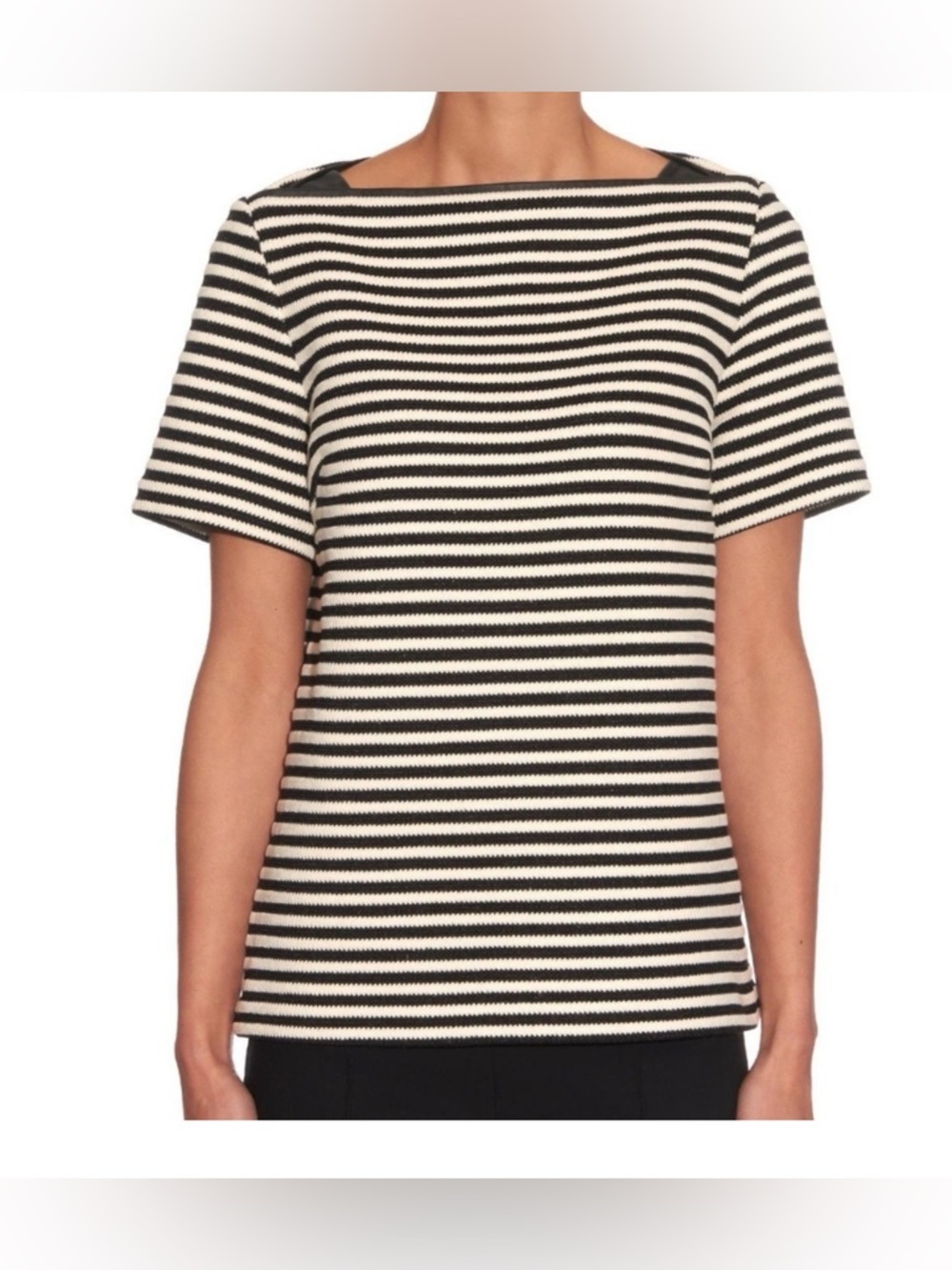 Alexander Wang Thick Black & White Striped Short Sleeve Leather Accent Top Sz 8